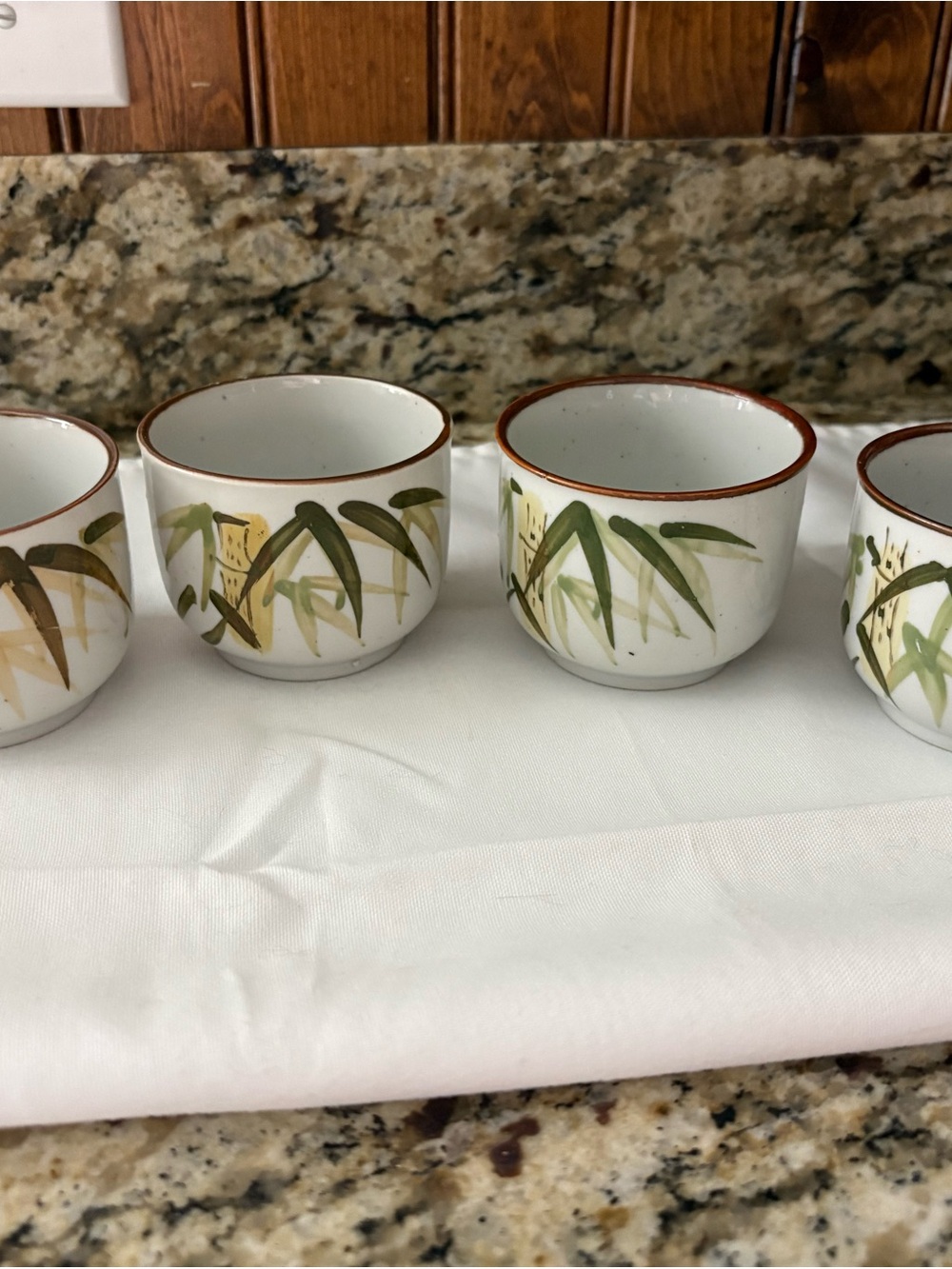 Vintage Porcelain Bamboo-Pattern Handgemalt Saki/Teacup Set - Green and Brown